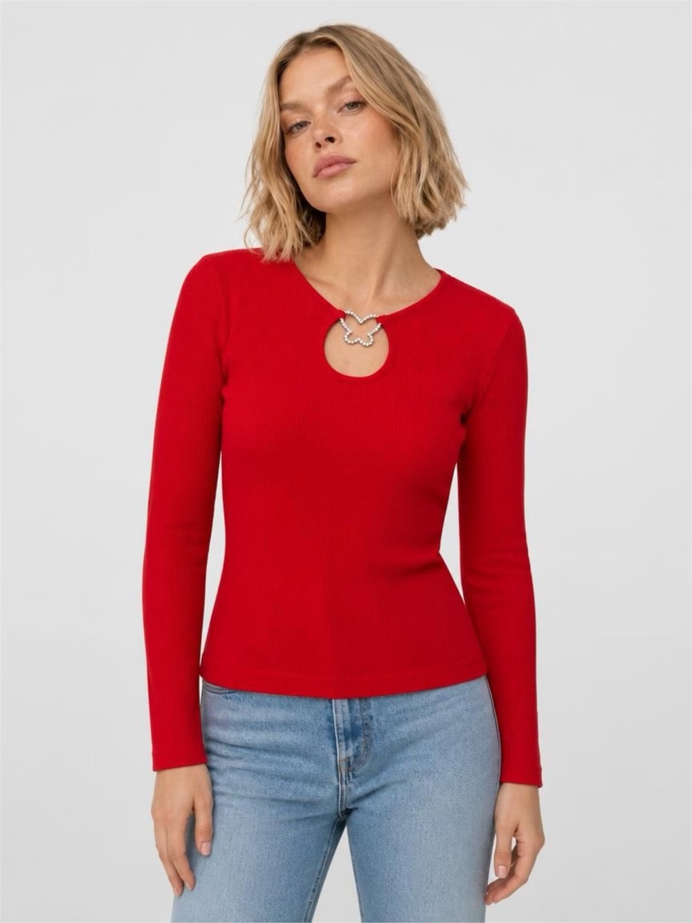 Charlotte Russe Red Ribbed Long-Sleeve Top with Keyhole Accent